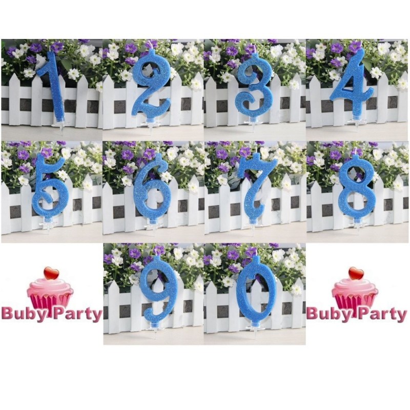 Candela numerale in cera glitterata azzurra per torta compleanno